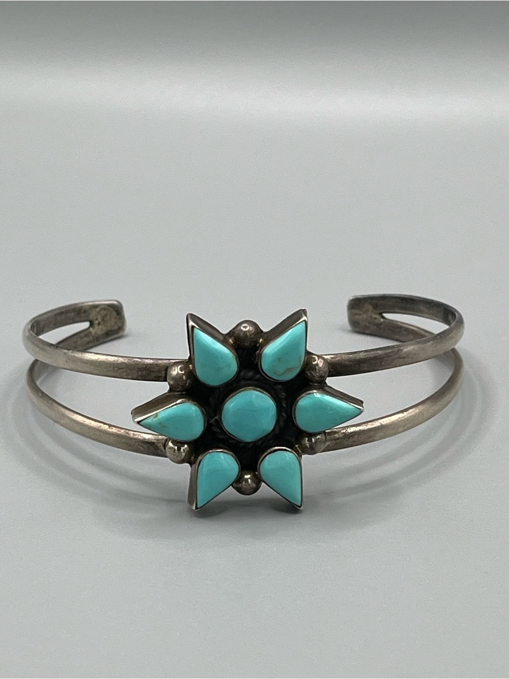 Vintage Mexico 925 Adjustable Turquoise Flower Cuff
